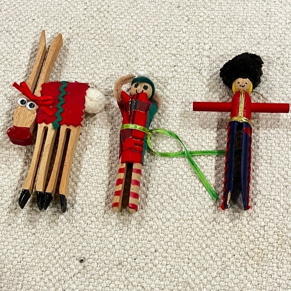THREE Vintage Clothes Pin Christmas Ornaments Hand Made Reindeer Soldier Elf